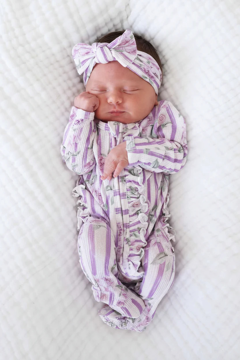 Lila's Lilacs Bamboo Waffle Ruffle Zipper Footie | Caden Lane