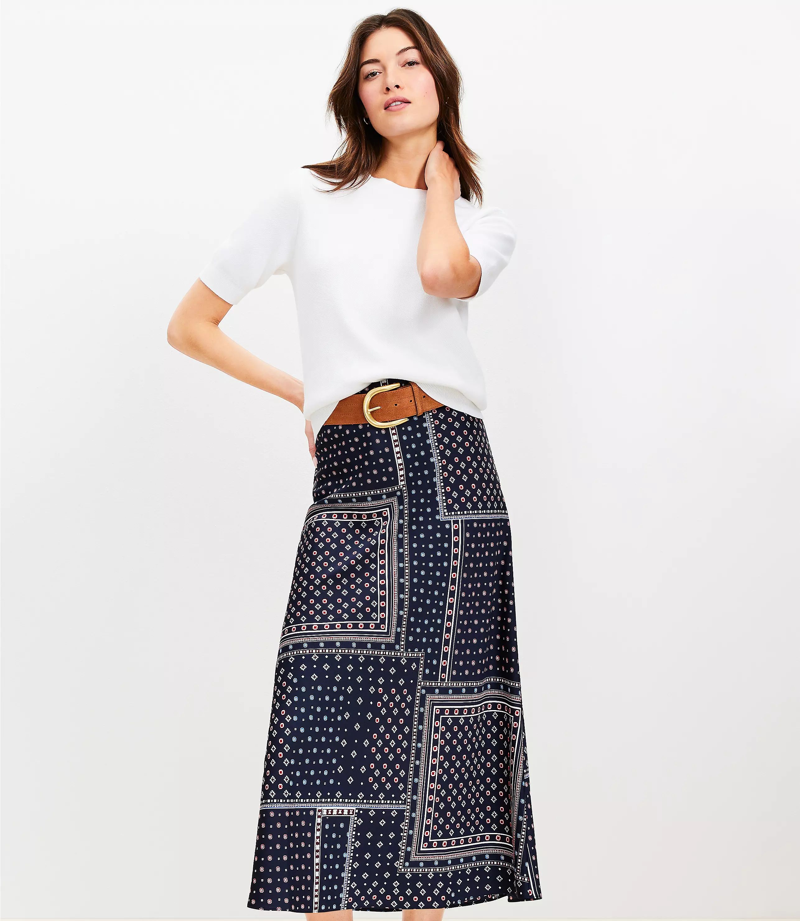 Bandana Print Satin Bias Midi Skirt | LOFT