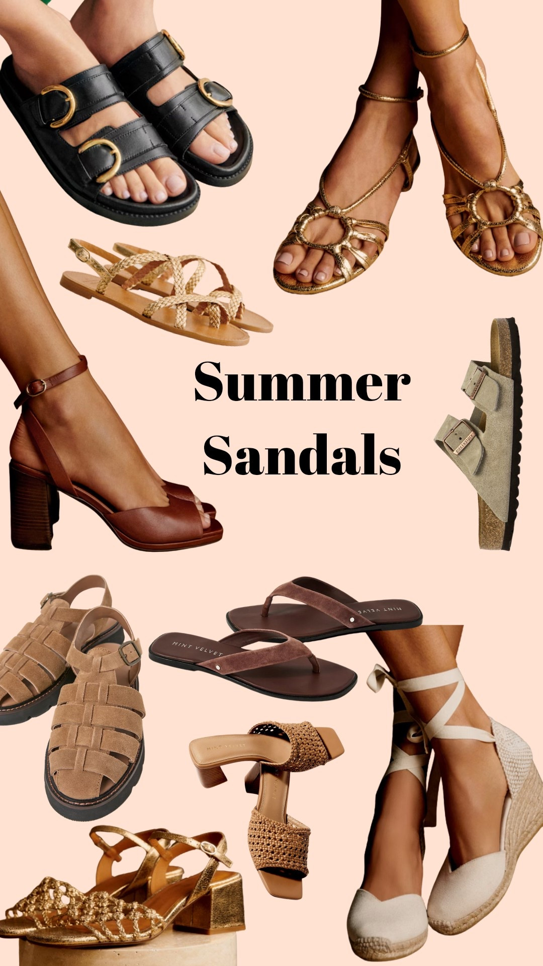 Summer sandals 
Wedding shoes 
Holiday shoes 
Fisherman sandals 
Suede sandals 
Gold sandals 
Wedges 