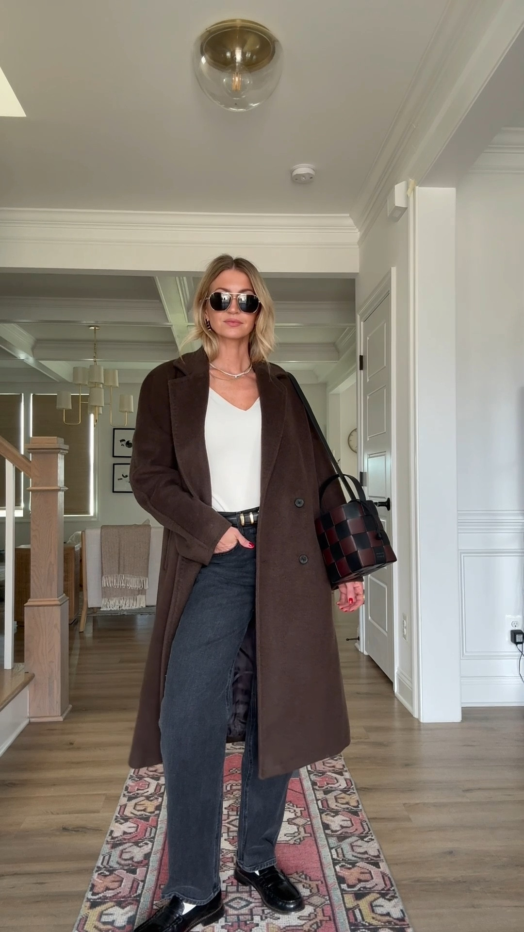 Dark brown slouchy coat: runs oversized, wearing a small. 
Cream v neck bodysuit: TTS, wearing a. Small.
Black high-rise slightly barreled denim: TTS, wearing a 25
Black loafers: TTS


#LTKgrwm #LTKdayinmylife #LTKootd