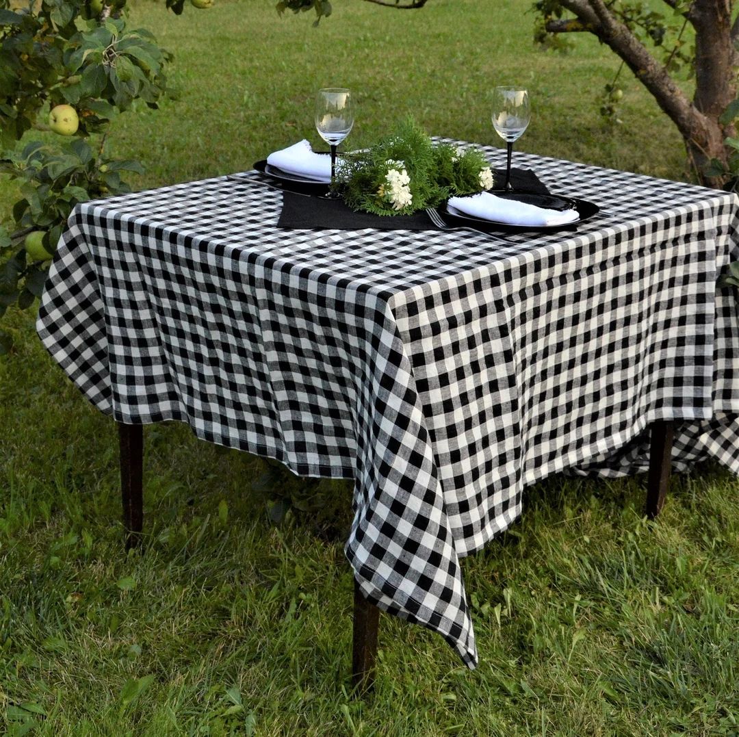 Black white gingham linen tablecloths, plaid party table cloth, check washed linen tablecloths, d... | Etsy (US)
