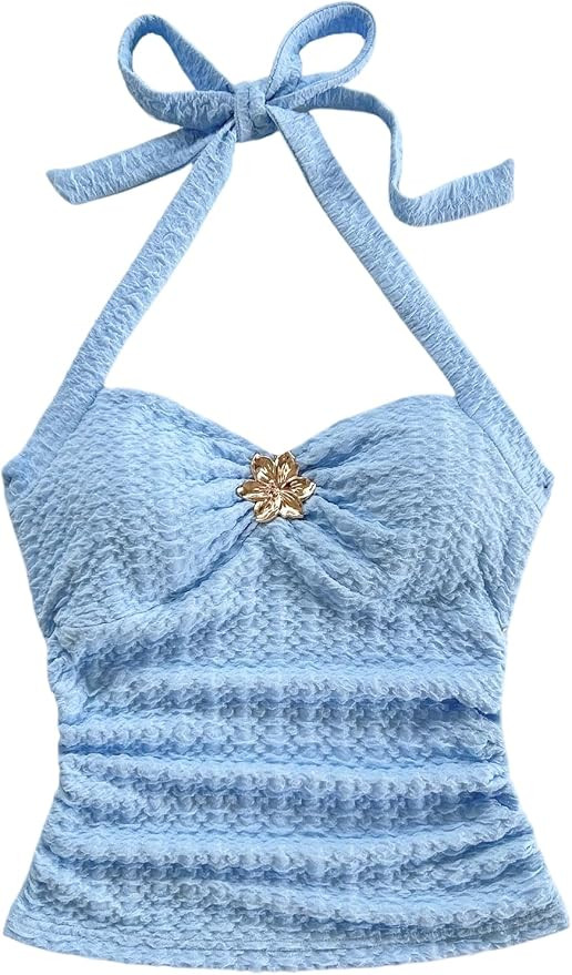 SOLY HUX Women's V Neck Halter Tops Open Back Y2k Ruched Floral Metal Summer Going Out Cami Tops | Amazon (US)