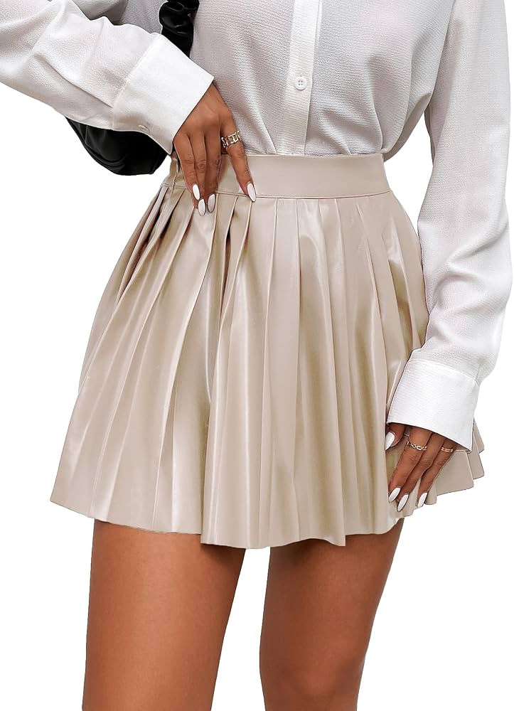 Floerns Women's PU Leather High Waisted Pleated Skirt Faux Leather Party Skater Mini Skirt | Amazon (US)