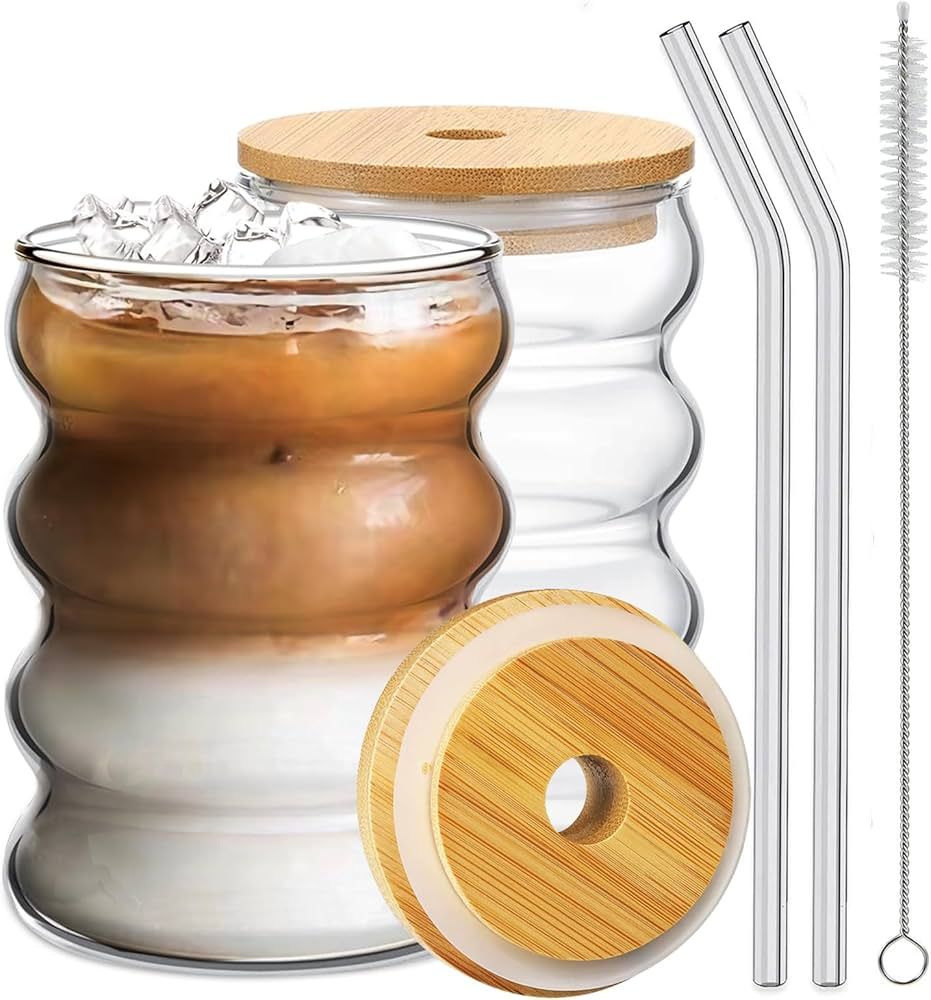 2 Pcs Drinking Glasses with Bamboo Lids and Glass Straw 14oz Glassware Set,Cocktail Glasses,Iced ... | Amazon (US)