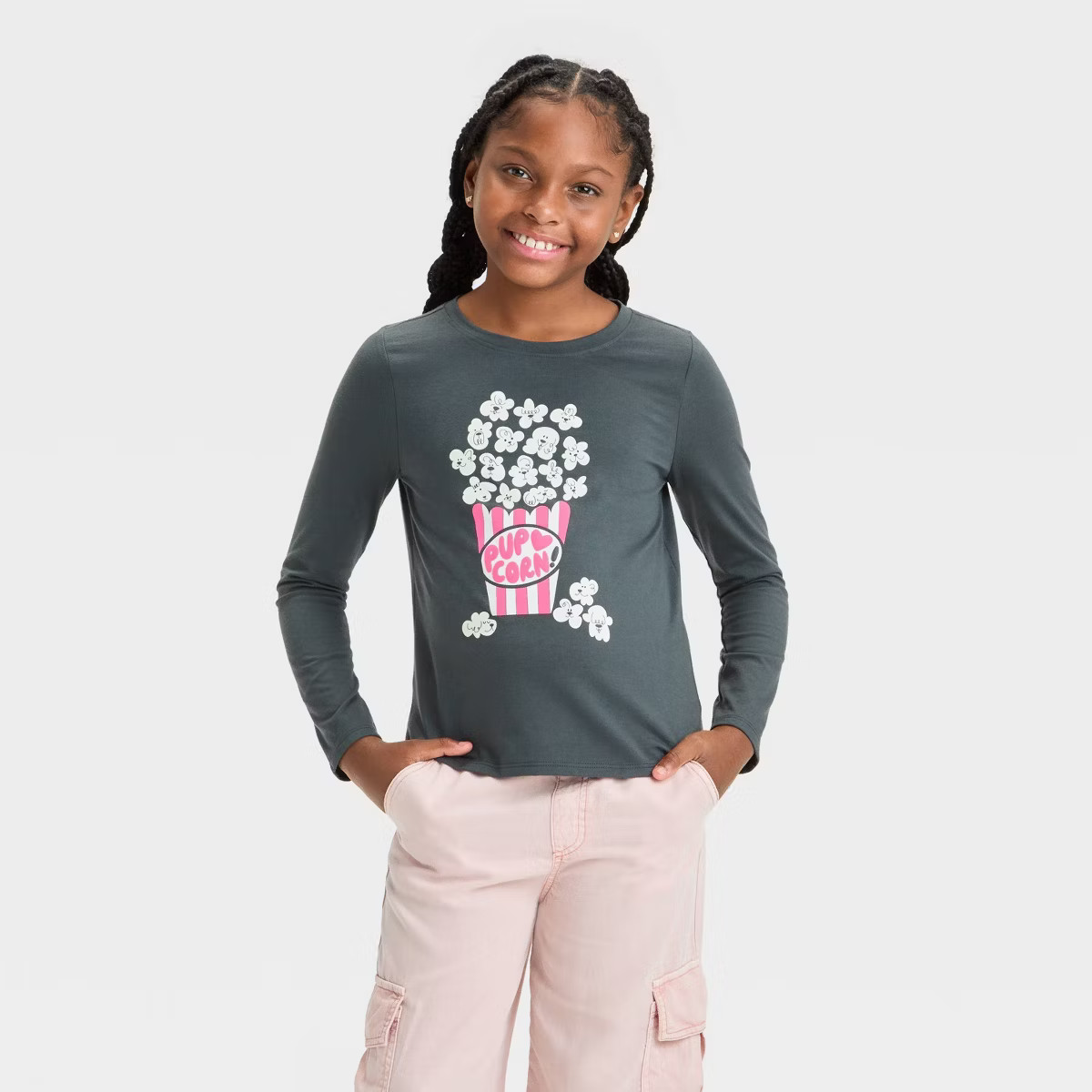 Girls' Long Sleeve 'Pup-Corn' Graphic T-Shirt - Cat & Jack™ Charcoal Gray | Target