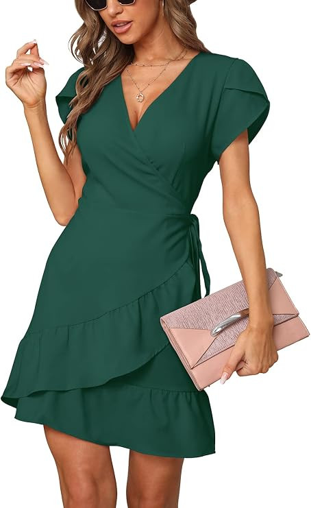 SAMPEEL Summer V Neck Wrap Petal Sleeve Short Dress with Belt for Women | Amazon (US)