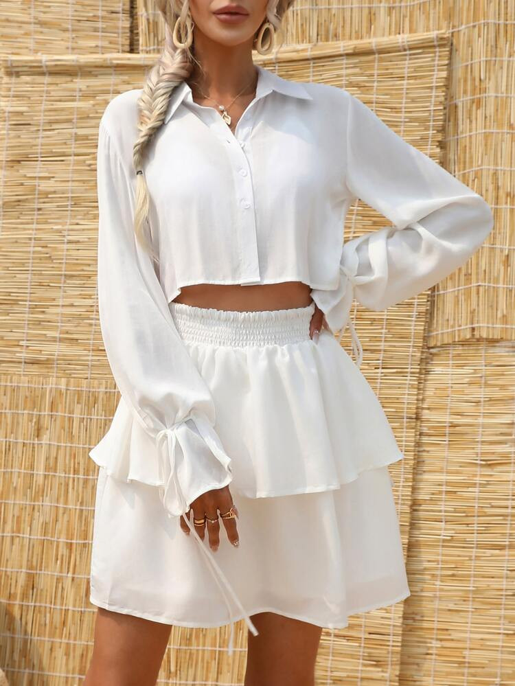 SHEIN VCAY Flounce Sleeve Crop Shirt & Shirred Waist Skirt | SHEIN