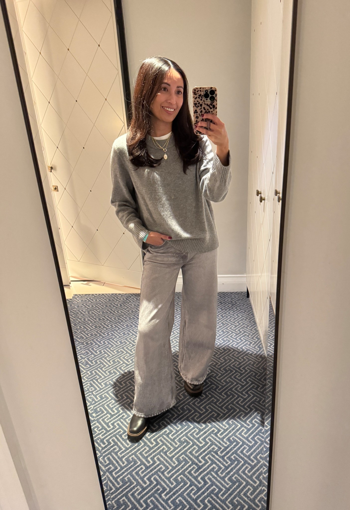 Winter outfit of the day for sightseeing in London. 
Lightweight cashmere sweater. True to size. I could also size up for an extra oversized fit. 
Sweatpant jeans. True to size. Cool gray wash. 
Chelsea boots are leather and waterproof. True to size. 
Good basic cotton t-shirt. 
Layered necklace. Charm necklace with vintage look  

#LTKOver40 #LTKTravel