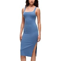 CRZ YOGA Butterluxe Square Neck Midi Casual Dress for Women - Bodycon Side Slit Travel Party Outf... | Amazon (US)