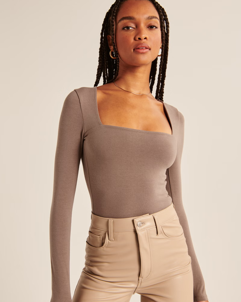 Long-Sleeve Cotton Seamless Fabric Squareneck Bodysuit | Abercrombie & Fitch (US)