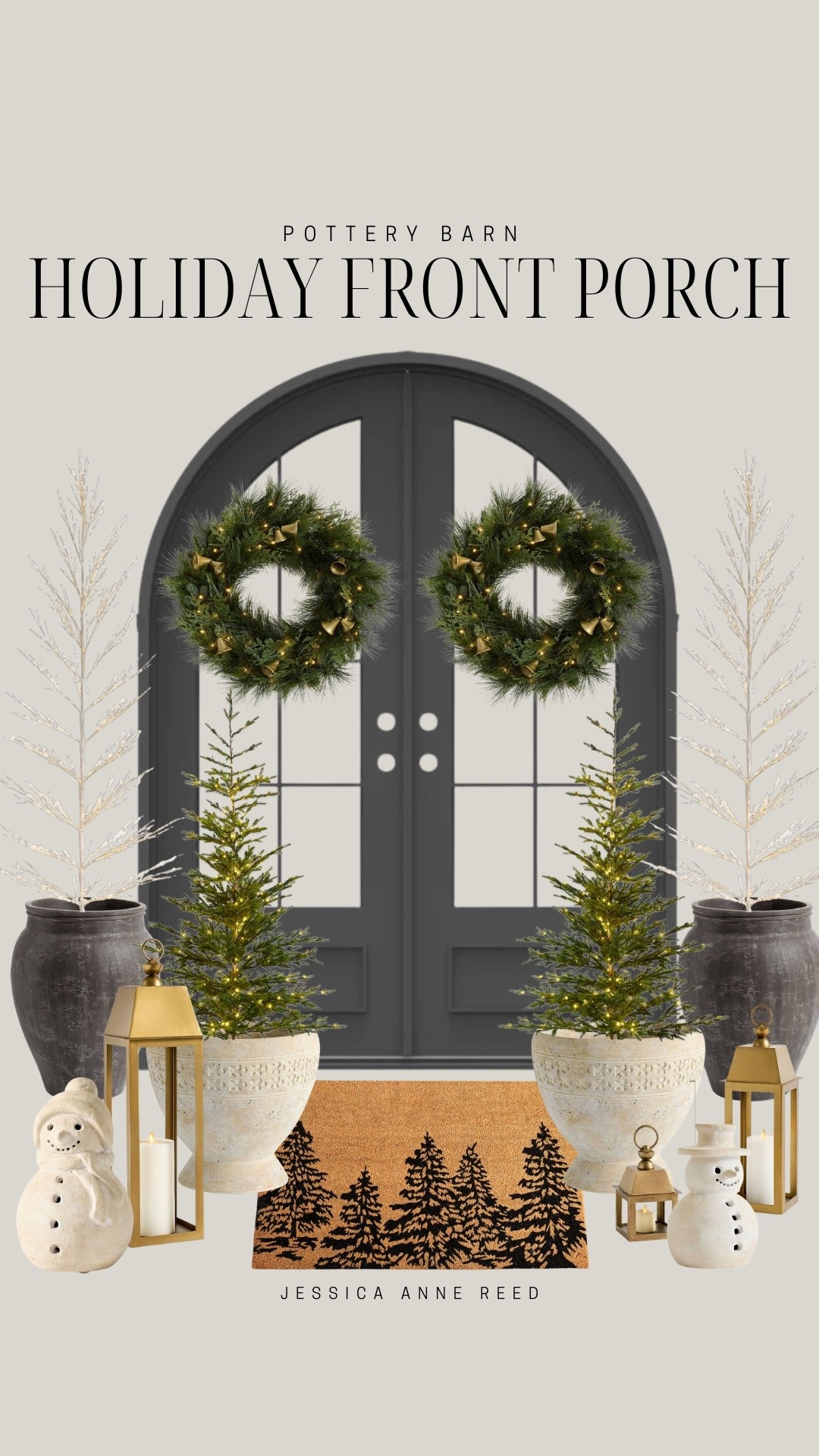 Pottery Barn front porch decor includes wreath, lit pine tree, lit twig tree, doormat, planters, gold lanterns, and ceramic snowmen.

Holiday front porch, front porch decor, Christmas front porchh

#LTKSeasonal #LTKHome #LTKHoliday