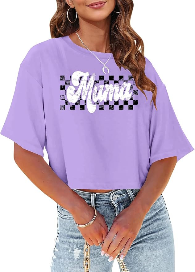 Mama Crop Tops Shirt for Women Mama Checkered Print Crop Tee Mother's Day Short Sleeve Tshirts Mo... | Amazon (US)