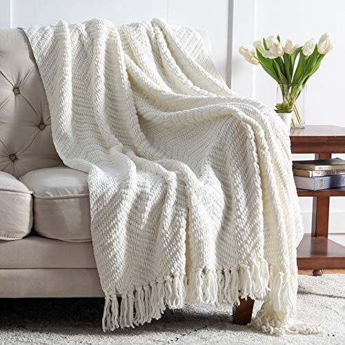 Bedsure Throw Blanket for Couch – Cream White Versatile KnitWoven Chenille Blanket for Chair – Super | Amazon (US)