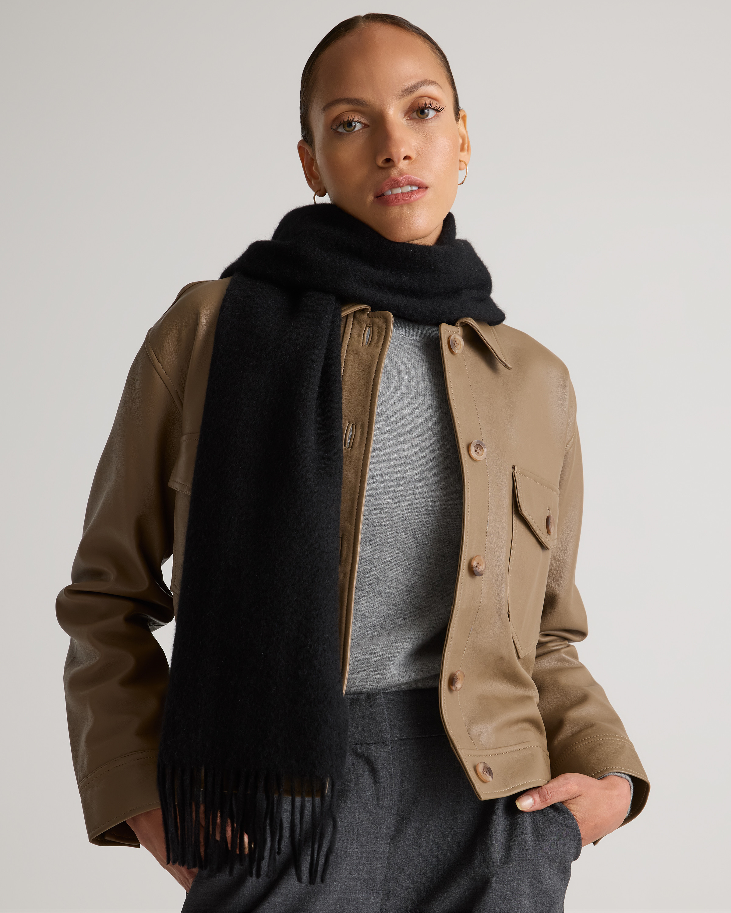 Quince | Women's Mongolian Cashmere Woven Fringe Scarf in Black | Quince