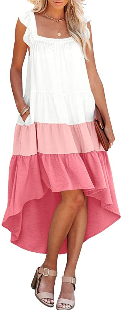 Prinbara Women's Summer Midi Dress Sleeveless Ruffle Sleeve Colorblock Solid Loose Fit Flowy Plea... | Amazon (US)