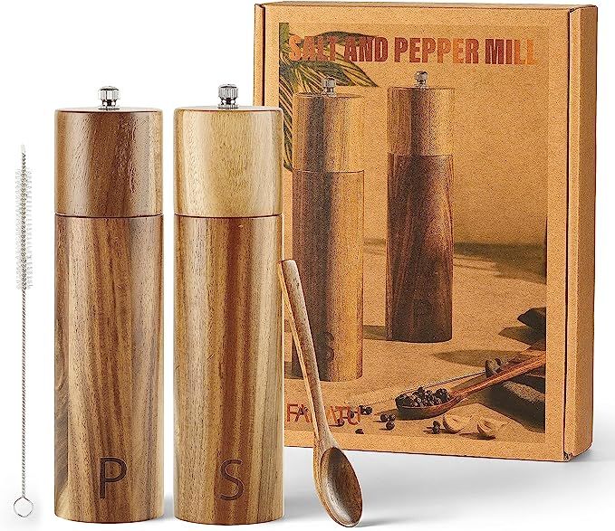 Wooden Salt and Pepper Grinder Set - Acacia Wood Pepper Mill & Salt Grinder with Adjustable Coars... | Amazon (US)