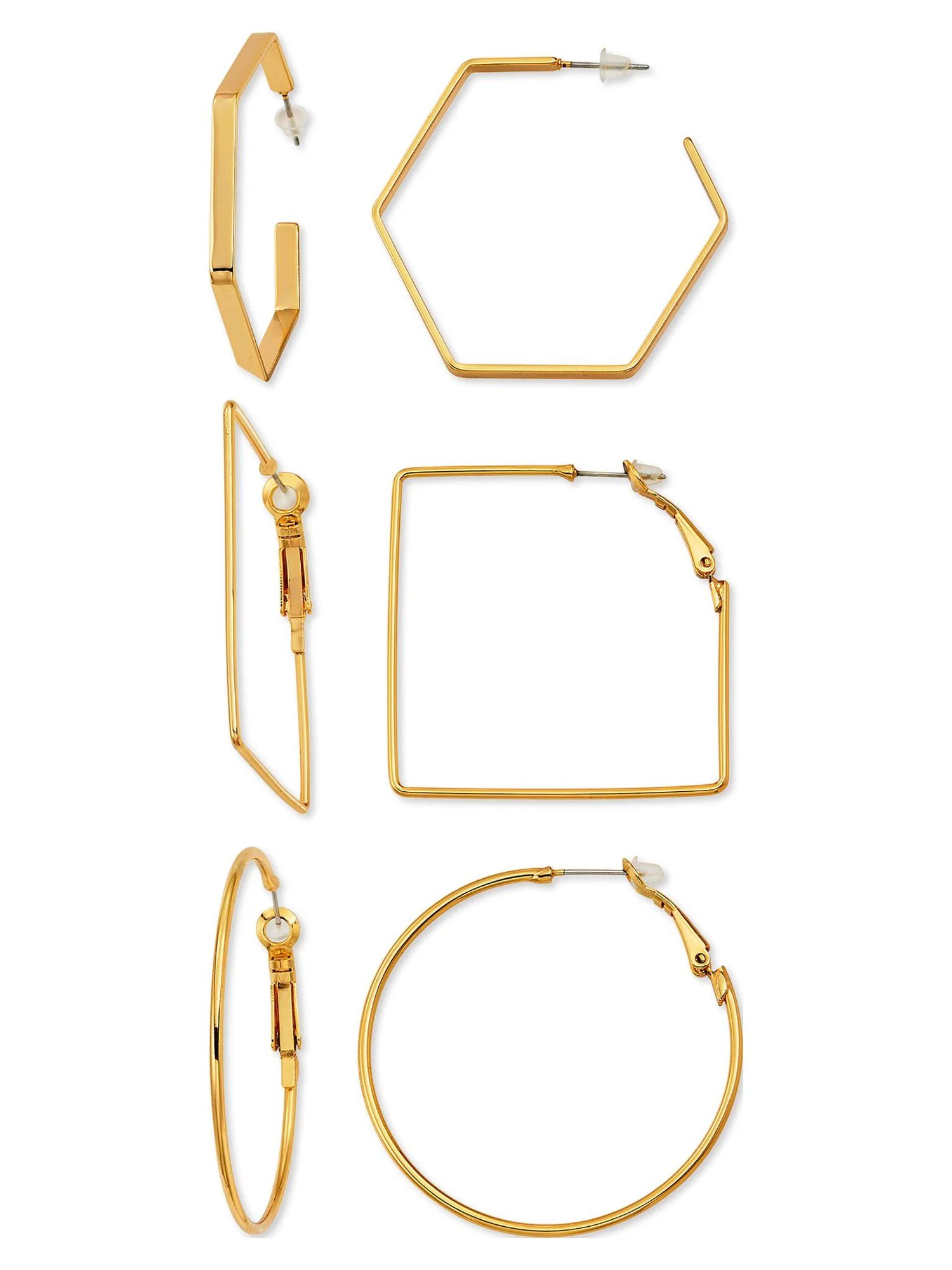Scoop Womens Brass Yellow Gold-Plated Fashion Hoop Earrings Set | Walmart (US)