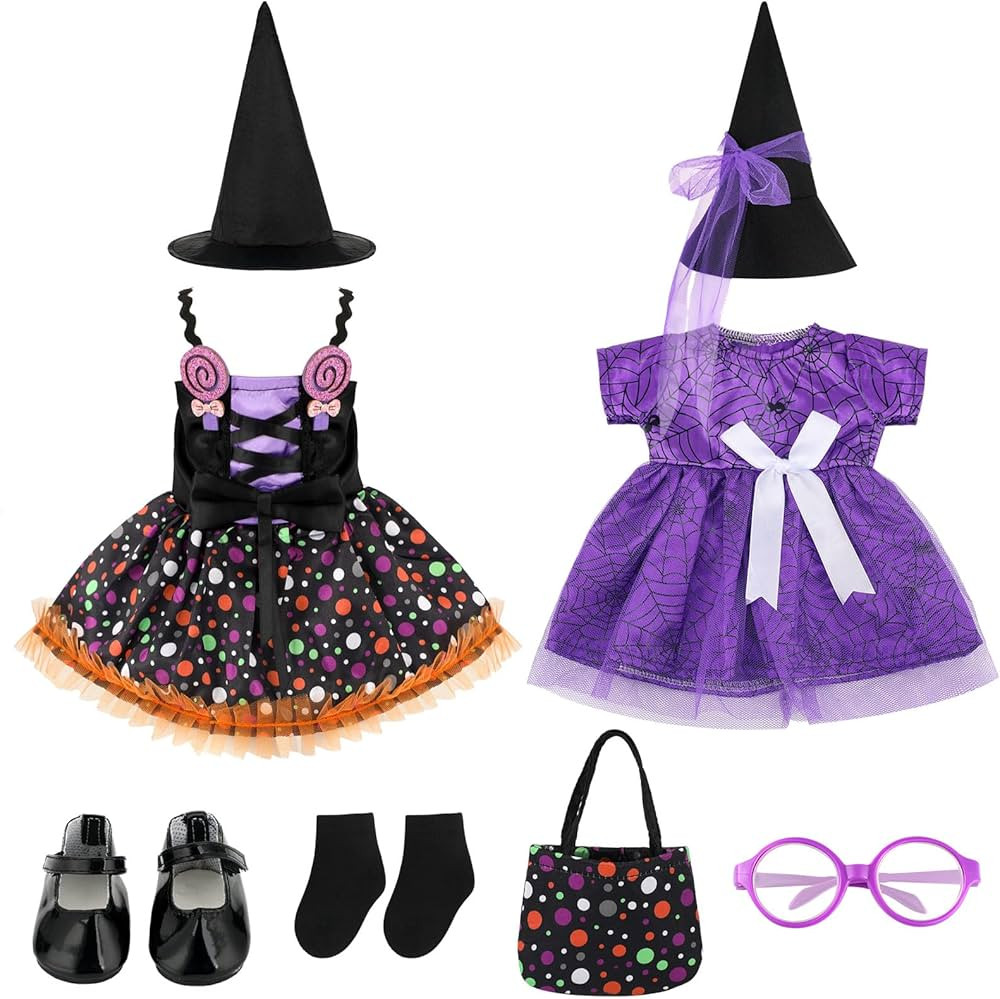 Kajaia 8 Pcs Halloween Doll Clothes and Accessories for 18 Inch Girl Doll, Purple Halloween Doll Outfit, Doll Dress, Shoes, Socks,Witch Hats, Bag,Sunglass Sets | Amazon (US)