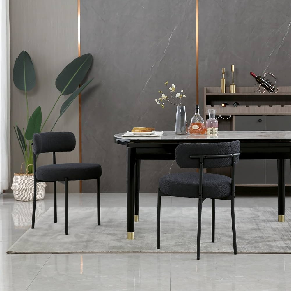 Black Dining Chairs Set of 2 Round Upholstered Boucle Dining Room Chairs Mid-Century Modern Kitch... | Amazon (US)