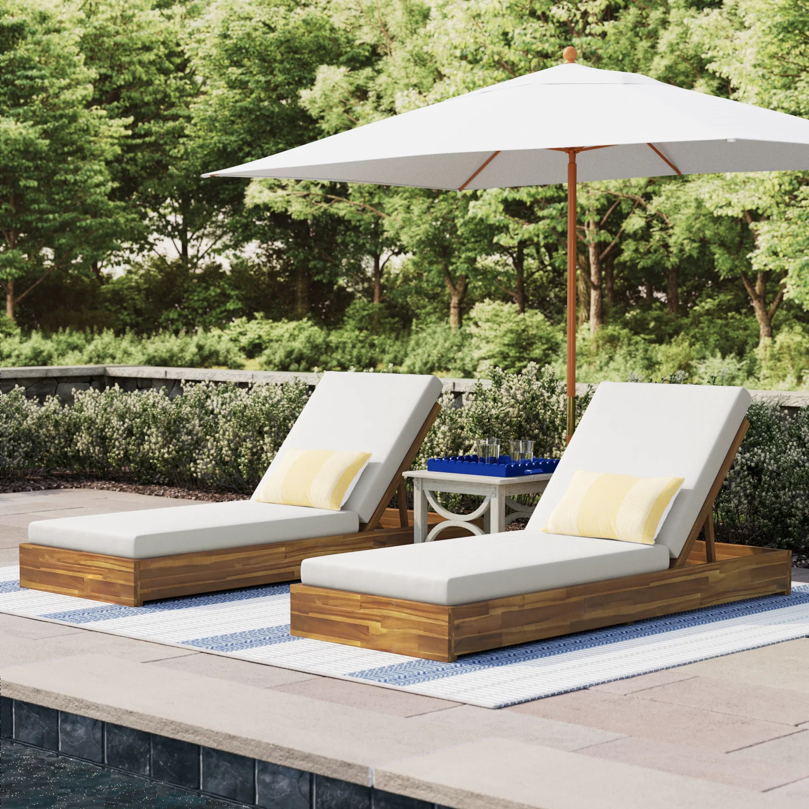 Joss & Main Leite 79" Long Reclining Outdoor Acacia Chaise Lounge Set with Cushions & Reviews | B... | Birch Lane