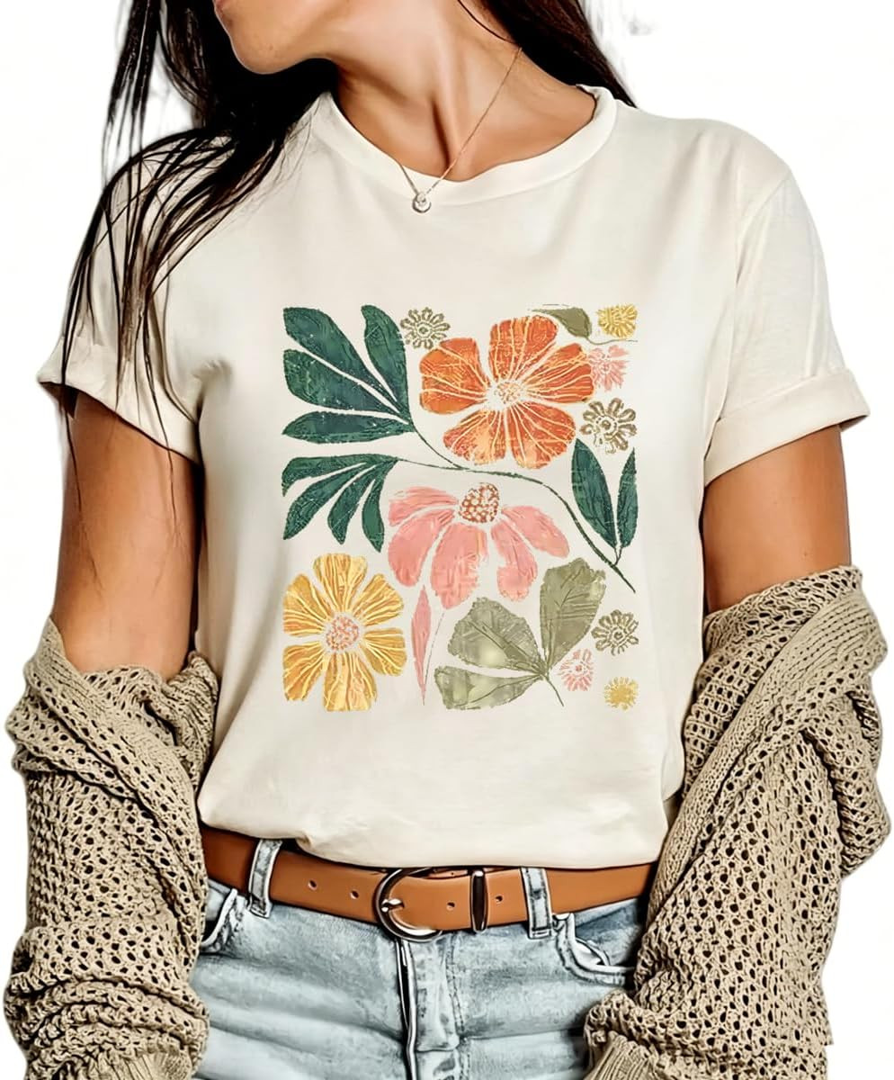 Women Vintage Boho Floral Wildflowers Tshirts Girls Graphic Tees Short Sleeve Tops | Amazon (US)