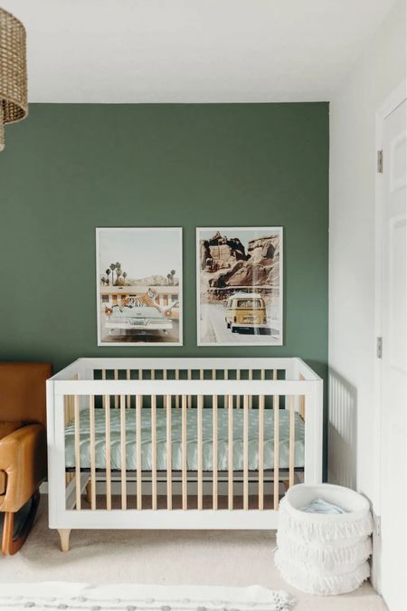 Green baby boy nursery with fun wall art by Paul Fuentes and Sisi & Sebb. We love this accent wall color and the art we chose for the walls. 

Full blog with room details and more photos: https://elizabethmccravy.com/nursery 

#LTKbaby #LTKhome