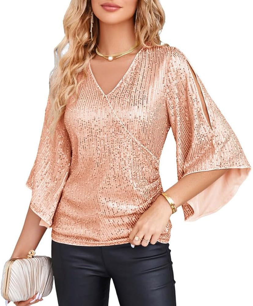 GRACE KARIN Womens Sequin Tops 3/4 Sleeve Glitter Sparkly Party Blouse V-Neck Dressy Tops for Eve... | Amazon (US)