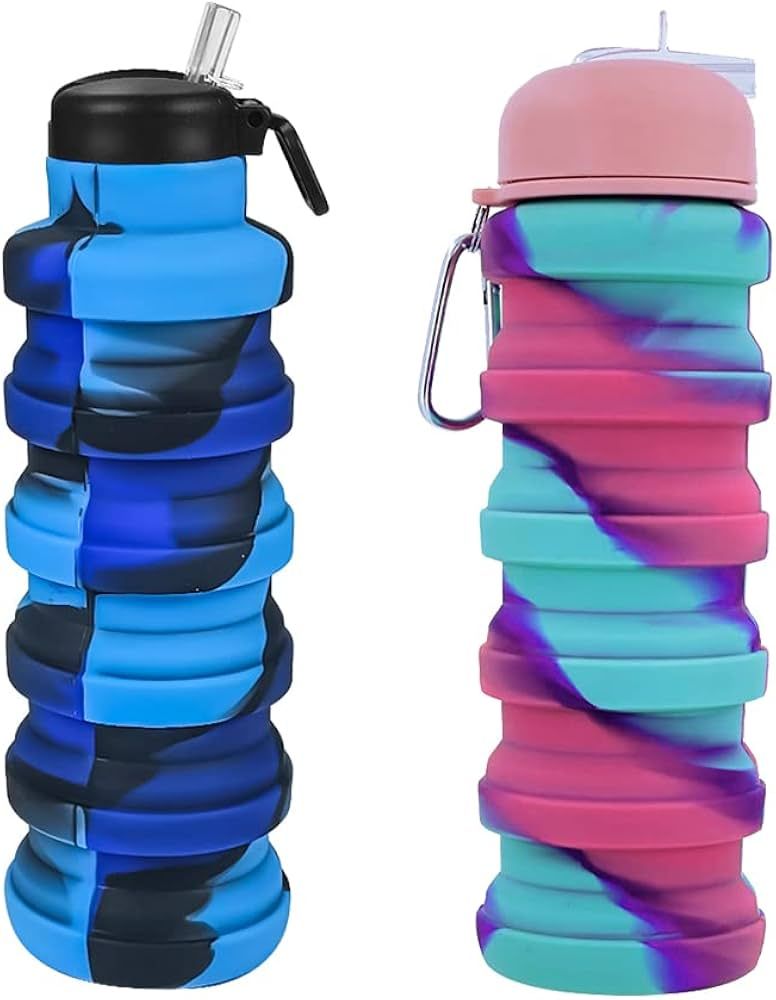 WATMHHJQ 2Pack Silicone Collapsible Water Bottles, Leakproof 16oz Portable Foldable Expandable Wa... | Amazon (US)