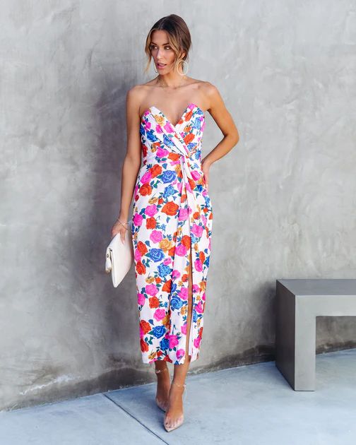 Worth My Time Floral Satin Strapless Midi Dress | VICI Collection