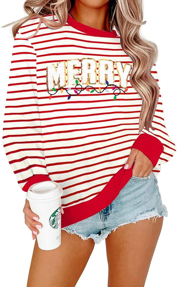Christmas Sweatshirts For Women Glitter Patch Merry And Bright Crewneck Sweater Embroidered Strip... | Amazon (US)
