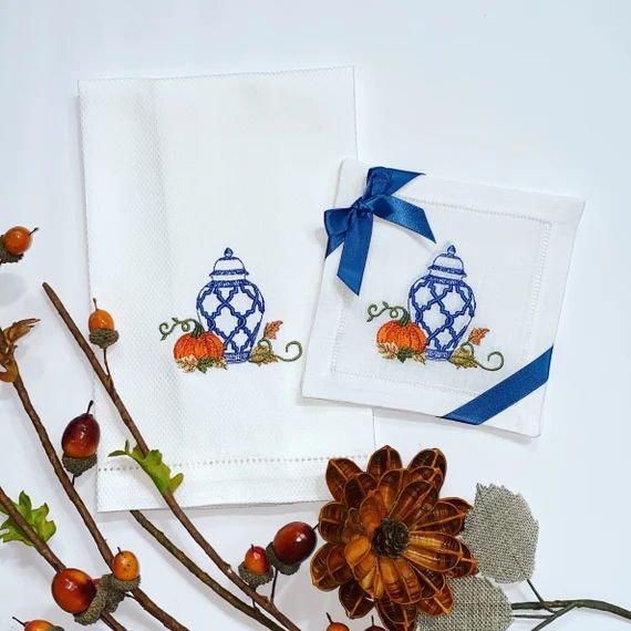 Chinoiserie Fall Cocktail Napkins, ginger jar and pumpkins cocktail napkins | Etsy (US)