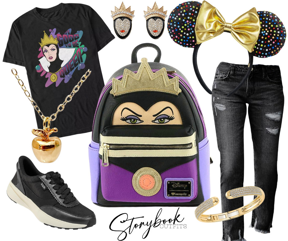Mirror, mirror… who’s the fiercest in the park? 😈✨
This Evil Queen look is everything — a little edgy, a little glam, and totally queen energy. 👑
🖤 That “Too Good to Be Queen” tee says it all.
💜 The Loungefly backpack? Pure villain perfection.
🍎 Gold apple necklace + crown earrings = wickedly stylish.
👖 Pair it with ripped black jeans and comfy sneakers and you’re ruling Fantasyland in style.
Ready to channel your inner queen? 

 #LTKStyleTip 

#LTKTravel