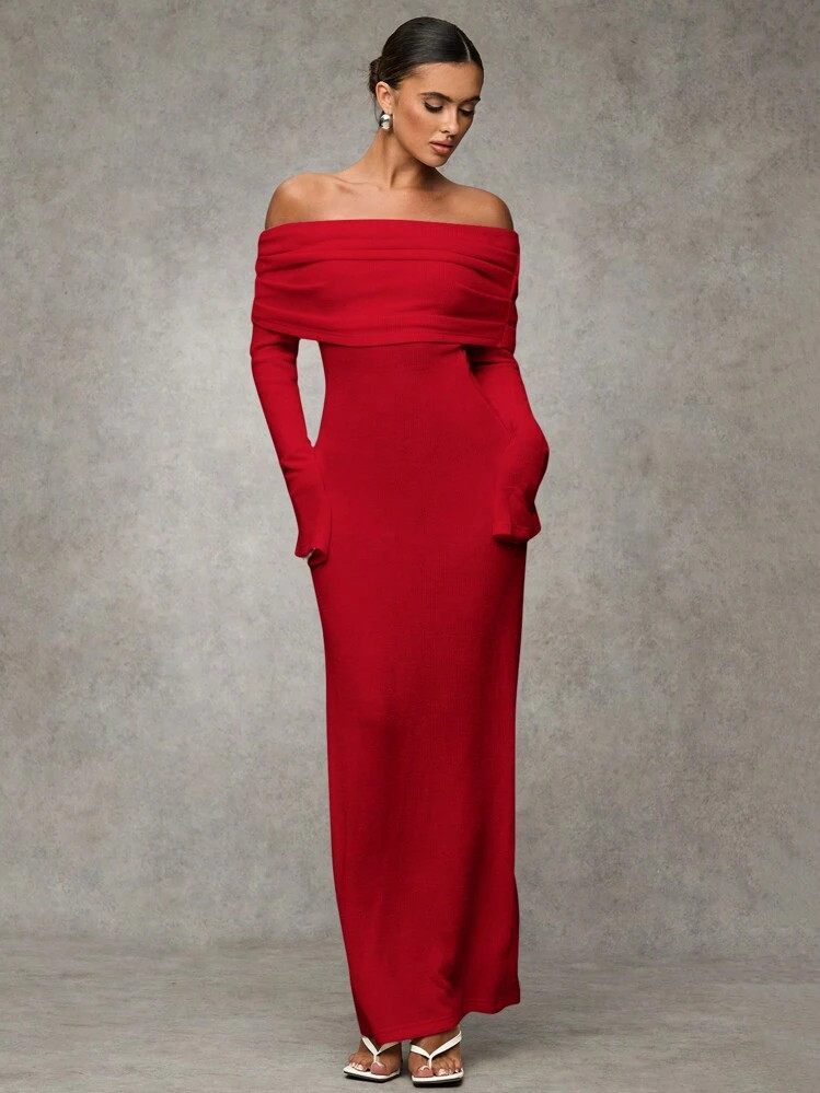 SHEIN BAE Women Elegant White Off-Shoulder Fitted Long Fall Dress,Elegant Women Dresses,Fall Wedd... | SHEIN