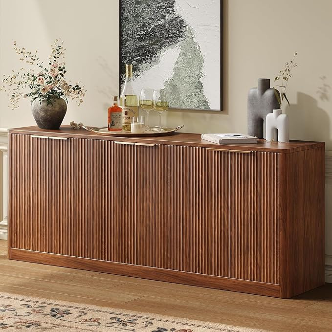 67" Fluted Walnut Buffet Cabinet Sideboard with Storage, Large Credenza with 6 Doors, Wood Mid Ce... | Amazon (US)
