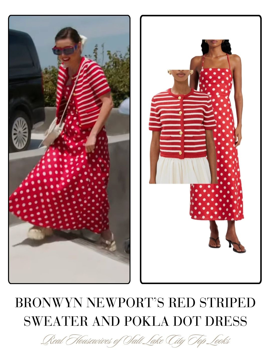 Bronwyn Newport's Red Striped Polka Dot Dress and Cardigan 

 