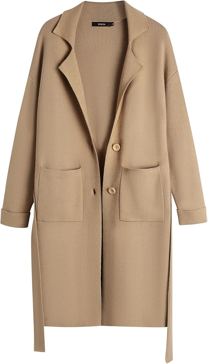 ZESICA Women's 2023 Fall Winter Long Sleeve Open Front Knit Cardigan Lapel Button Down Belted Swe... | Amazon (US)