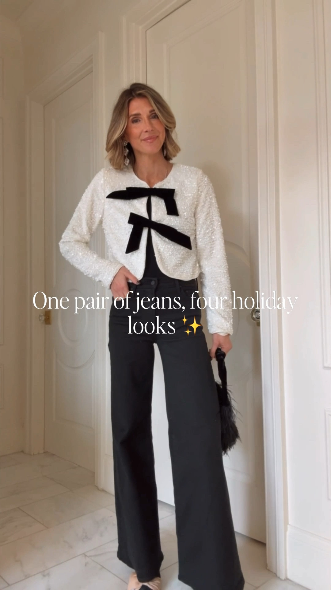 Holiday outfits with a really good pair of black wide leg jeans 

#LTKHoliday