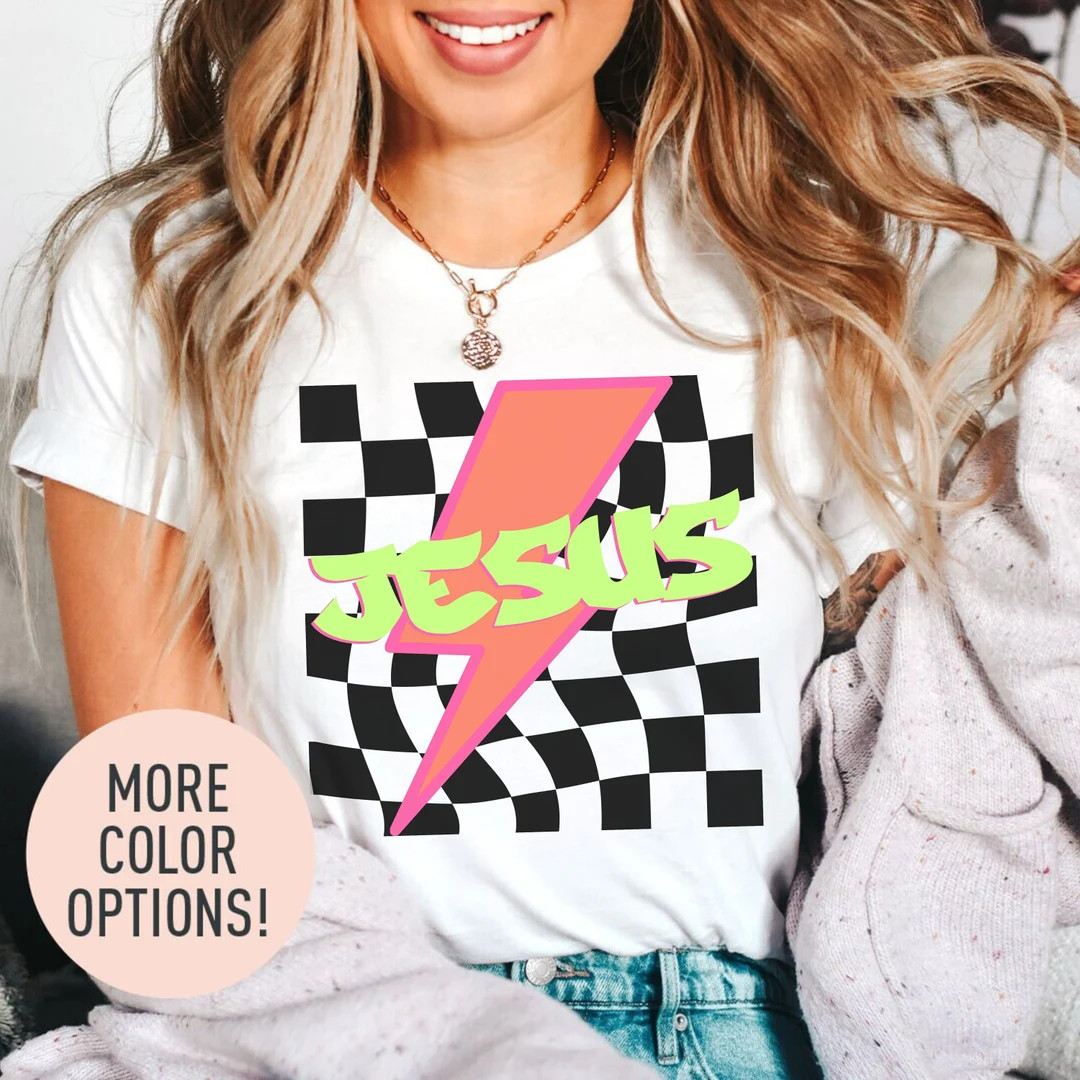 Neon Jesus Comfort Colors Shirt: Retro Checkered Christian Tee - Etsy | Etsy (US)
