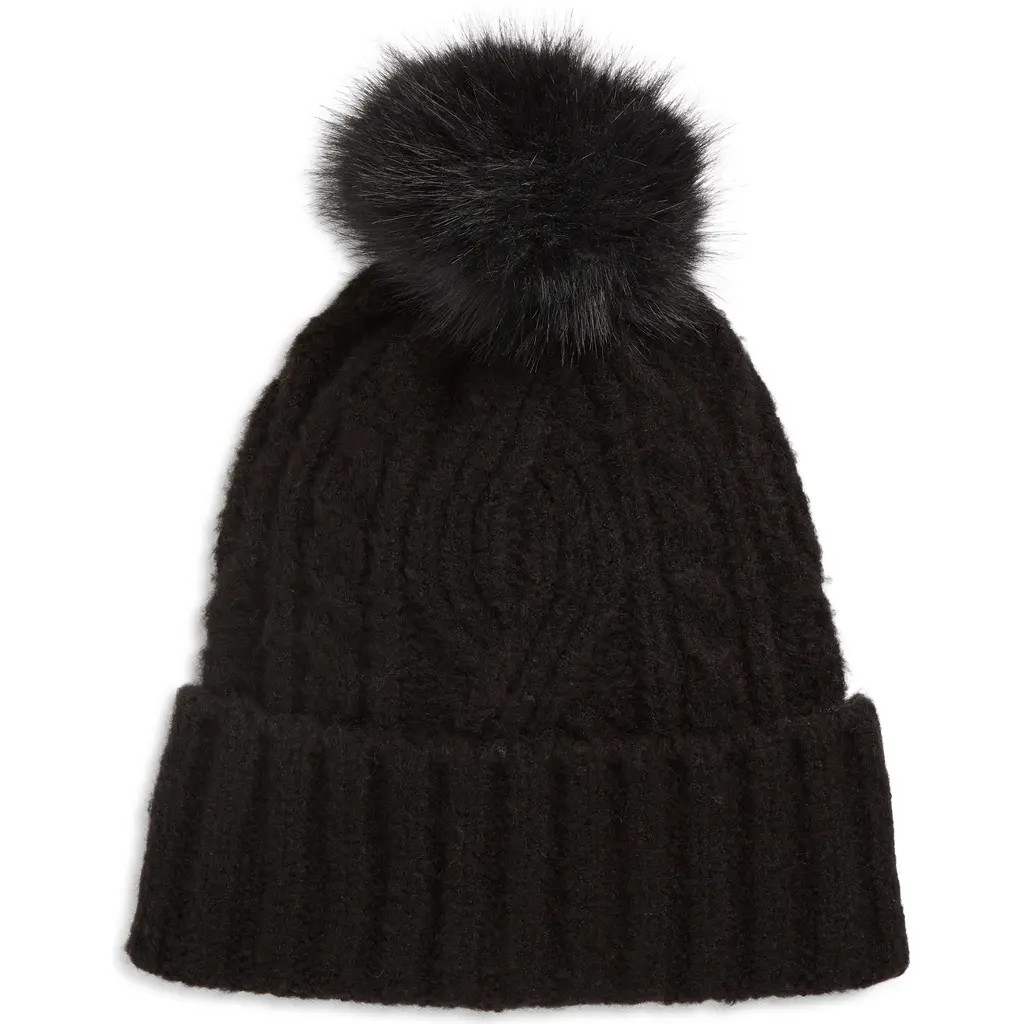 Treasure & Bond Cable Stitch Pom Beanie in Black at Nordstrom | Nordstrom