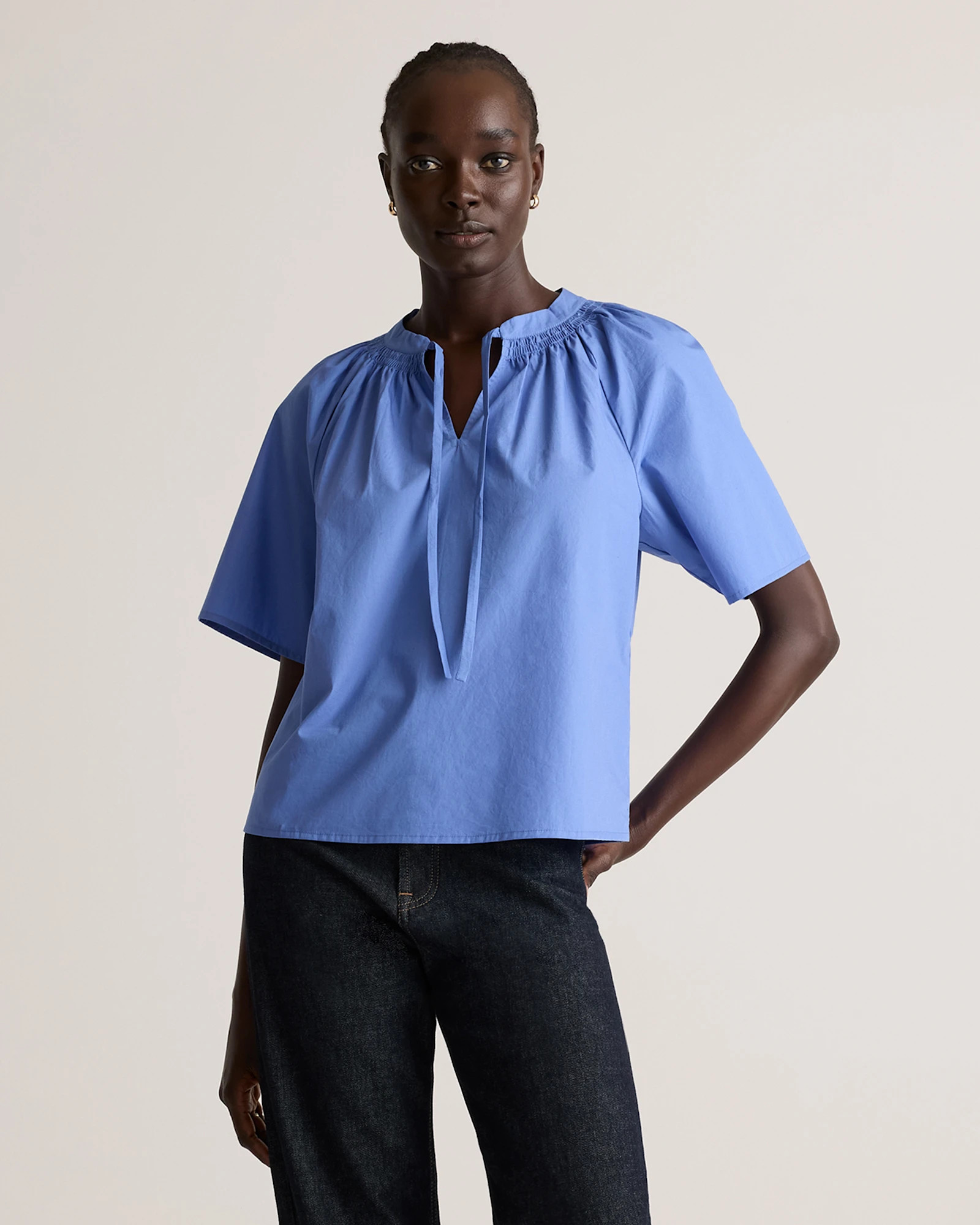 100% Organic Cotton Poplin Split Neck Top in True Blue | Quince