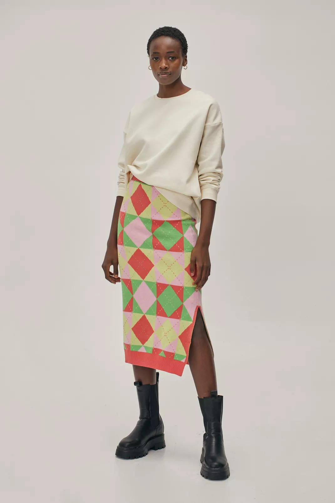 Square Design Argyle Knit Split Hem Midi Skirt | Nasty Gal (US)