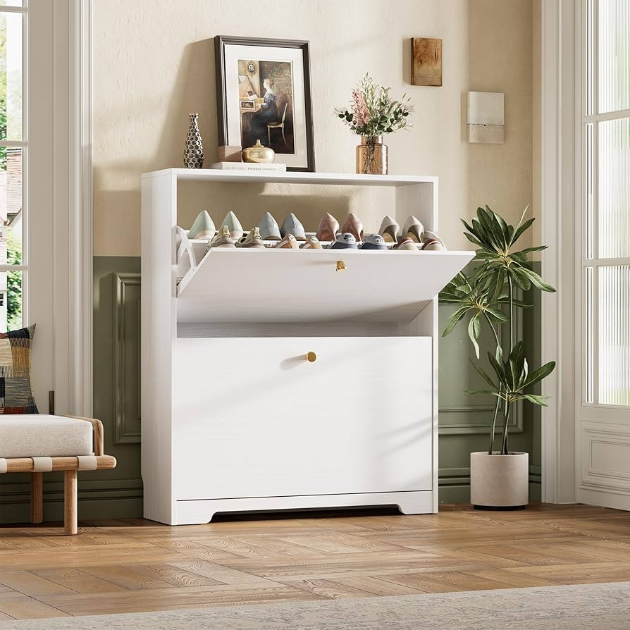 Nicetree Shoe Cabinet with 2 Flip Drawers, Narrow Shoe Organizer Cabinet, Freestanding Shoe Rack ... | Amazon (US)