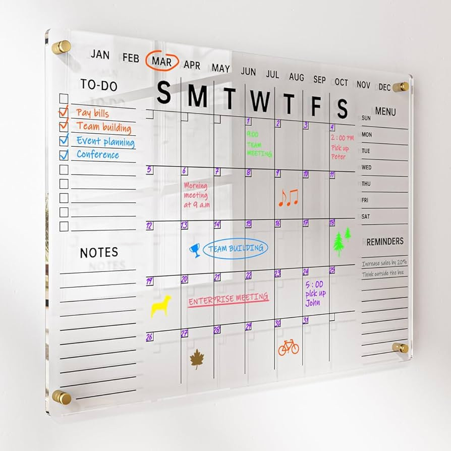 Acrylic Wall Calendar with Dry Erase Surface | 28x20 Clear Monthly Planning Board | Includes 8 Co... | Amazon (US)