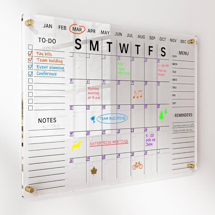 Acrylic Wall Calendar with Dry Erase Surface | 28x20" Clear Monthly Planning Board | Includes 8 C... | Amazon (US)