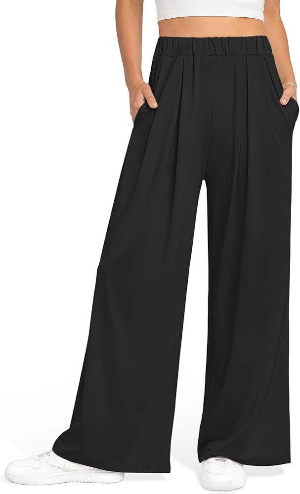 UEU Womens Wide Leg Palazzo Pants Casual High Waisted Flowy Lounge Pants with Pockets | Amazon (US)