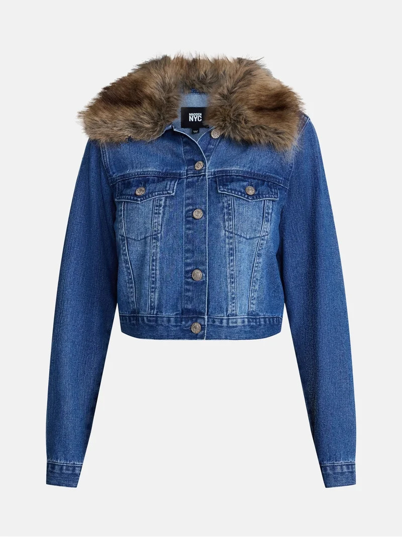 Madden NYC Women's Cropped Denim Jacket with Faux Fur Collar, Sizes XXS-XXL | Walmart (US)
