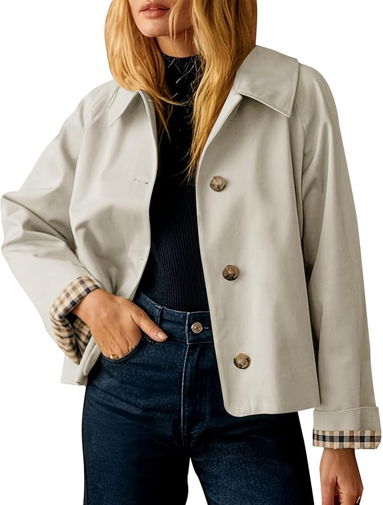 Flygo Womens Trench Coat Cropped Casual Jackets Oversized Button Down Long Sleeve Lapel Jacket Co... | Amazon (US)