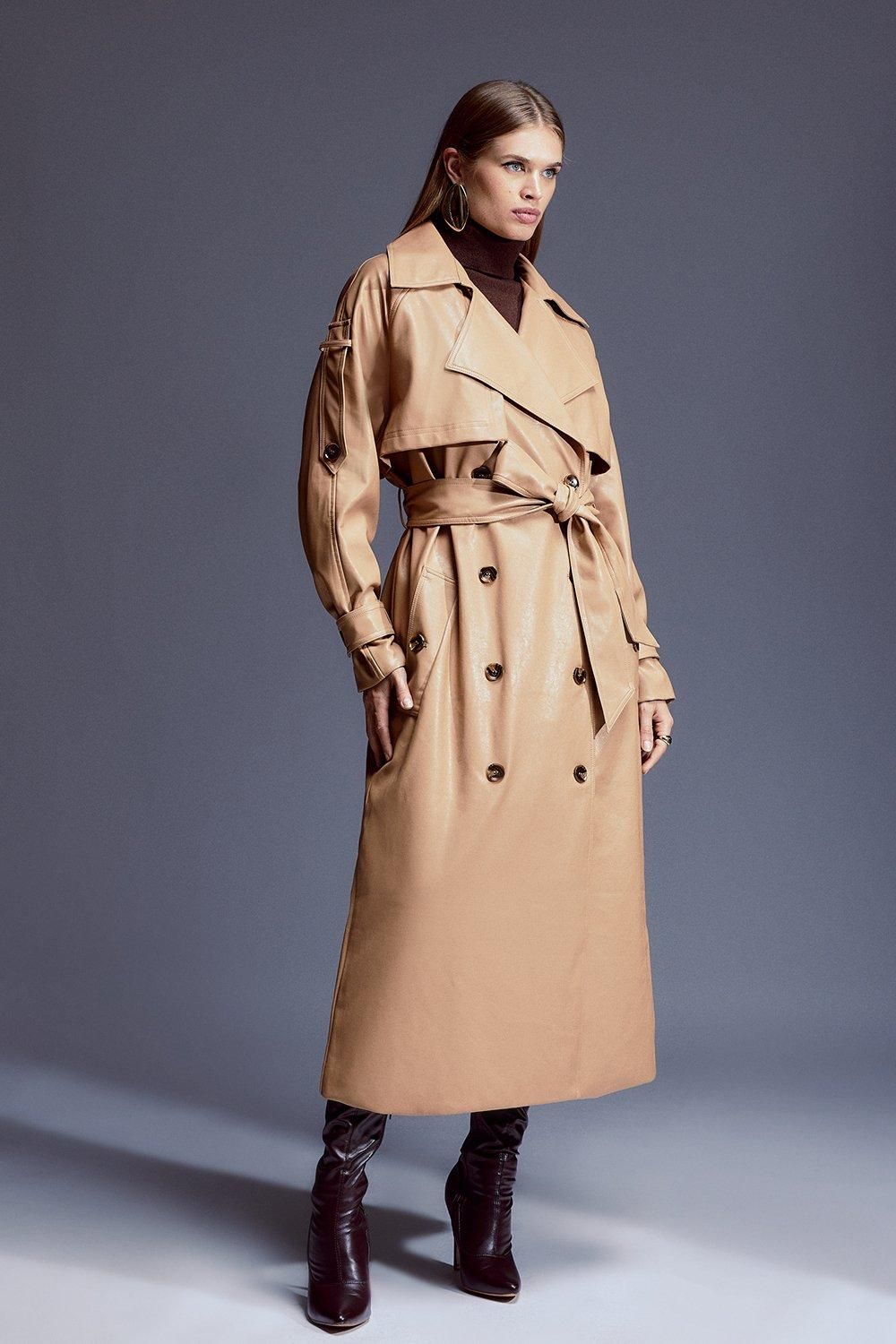 Faux Leather Tailored Belted Storm Flap Trench Coat | Karen Millen US