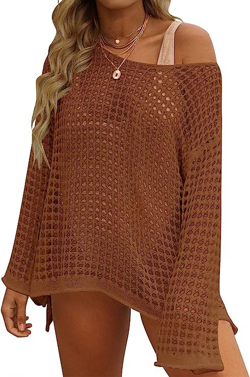 ZESICA Women's 2023 Summer Crochet Hollow Out Long Sleeve Beach Bikini Swimsuit Mesh Cover Up Tun... | Amazon (US)