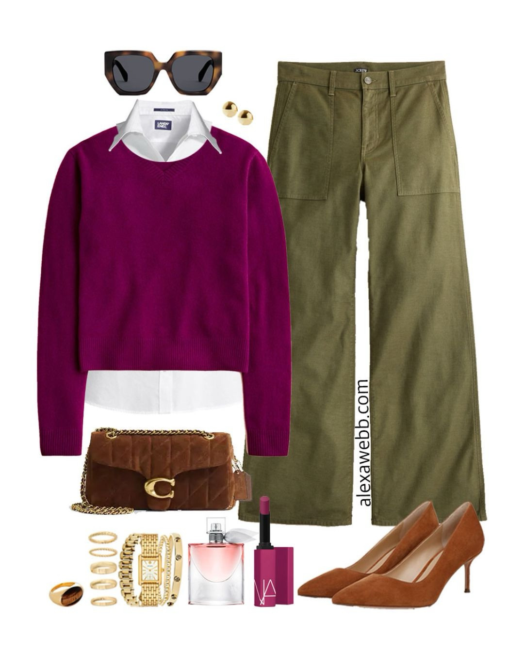 Plus Size Olive Wide Leg Pants Outfits - Two plus size casual outfits for fall with olive wide leg twill chino pants, a white button down shirt, and a magenta plum sweater. Alexa Webb #plussize

#LTKStyleTip #LTKOver40 #LTKPlusSize